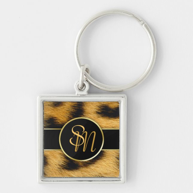 Elegante Leopard Print Monogram Script - Schlüssel Schlüsselanhänger (Vorne)