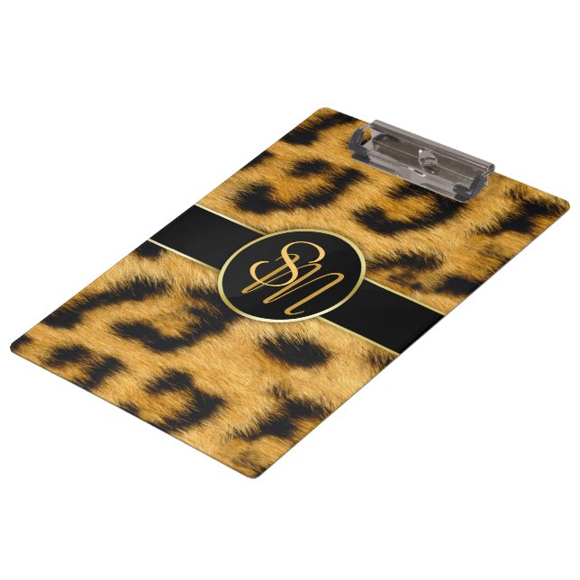 Elegante Leopard Print Monogram Script - Zwischena Klemmbrett (Schrägansicht)