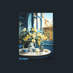 Elegante Leuchten: Art Deco Leinwanddruck<br><div class="desc">Tauchen Sie ein in die Welt des Art Déco mit diesem faszinierenden Kunstdruck. Freuen Sie sich auf die ruhige Atmosphäre des Hauses, wo ein lebhafter Blumenstrauß die Bühne des Zentrums vor dem Hintergrund eines offenen Küchenfensters bewundert. Neu in der Szene sind zarte blaue Porzellanbecher und ein glänzender silberner Teekessel, der...</div>