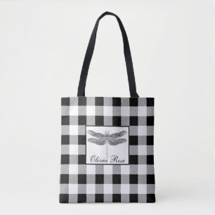 Elegante Libelle mit schwarzem weißen Gingham-Must Tasche