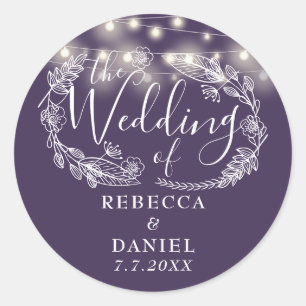 Elegante Lichterkette Blumen Lila Hochzeit Runder Aufkleber