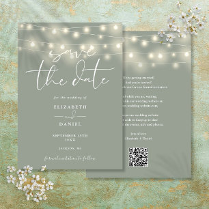 Elegante Lichterkette Sage Green QR-Code Hochzeit Save The Date