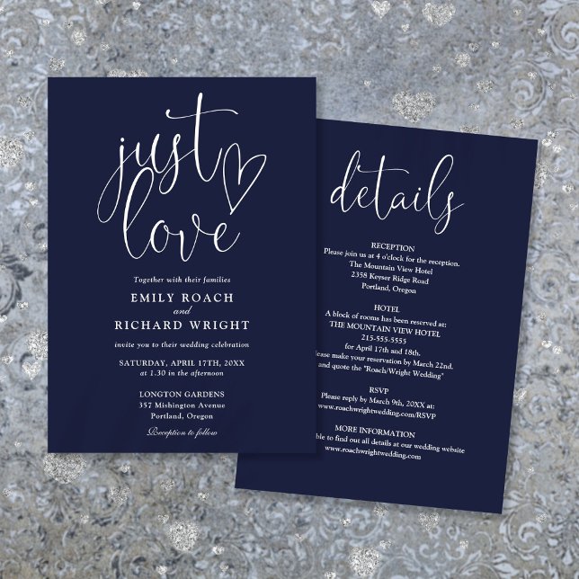 Elegante Liebe in einer Blauen Hochzeit Einladung (Elegant Just Love All In One Navy Blue Wedding Invitation)