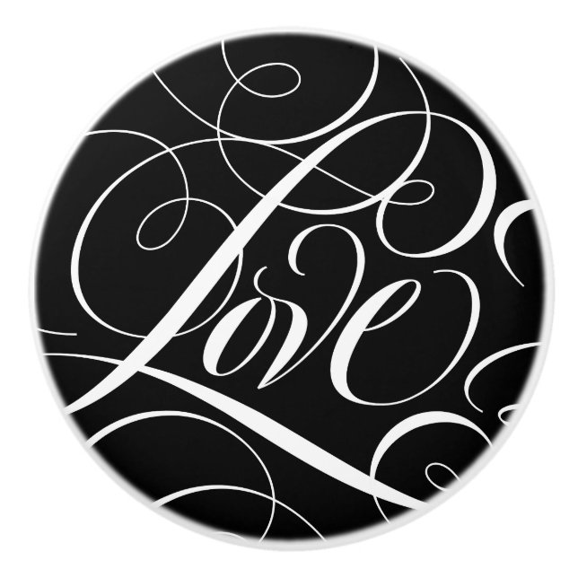 Elegante LIEBE Kalligrafie Script Schwarz-weiß Ext Keramikknauf (Vorderseite)