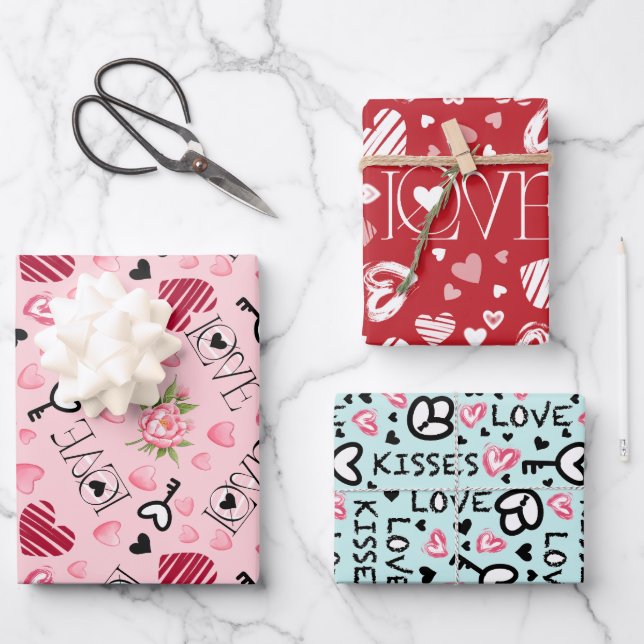 Elegante Liebe Kisses Key Peony Pink Hearts Geschenkpapier Set (Vorderseite)