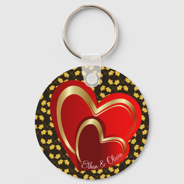 Elegante Liebe Rotes Herz Personalisiert Hochzeit Schlüsselanhänger (Vorderseite)