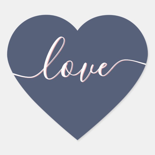 Elegante Liebe Script Navy Blue & Blush Pink Shado Herz-Aufkleber (Vorderseite)