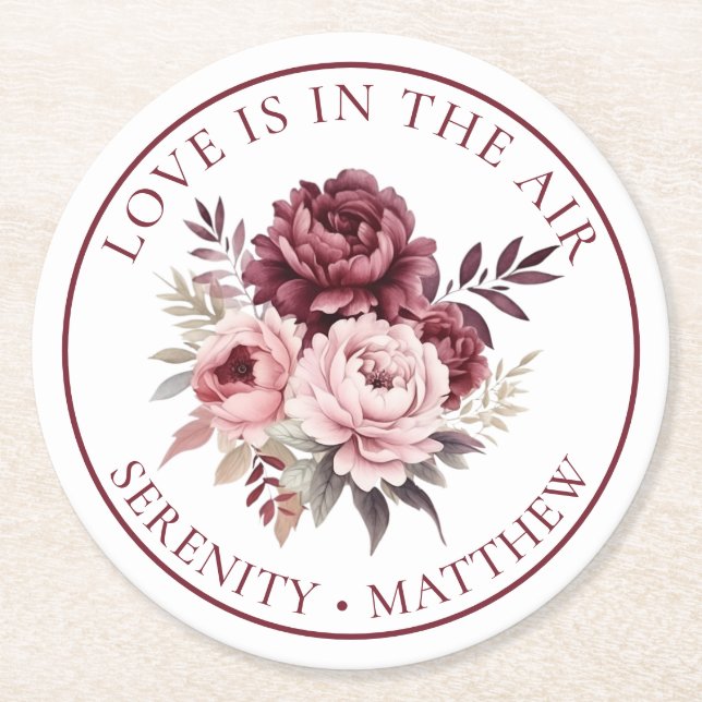 Elegante Liebe Wasserfarben Hochzeit von Peony Runder Pappuntersetzer (Vorderseite)