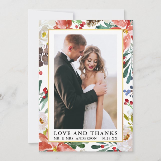 Elegante Liebe Watercolor Winter Floral und Danke (Vorderseite)
