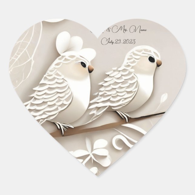 Elegante Liebesvögel taupe & weiße Hochzeitsaufkle Herz-Aufkleber (Vorderseite)