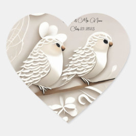 Elegante Liebesvögel taupe & weiße Hochzeitsaufkle Herz-Aufkleber