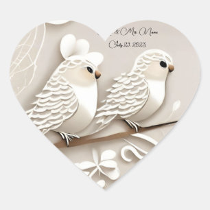 Elegante Liebesvögel taupe & weiße Hochzeitsaufkle Herz-Aufkleber