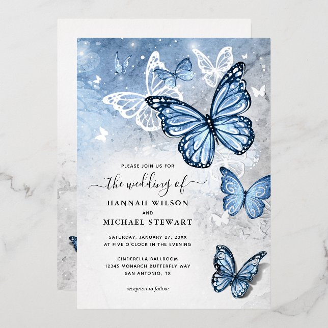 Elegante Light Baby Blue Butterfly Hochzeit Real Folieneinladung (Vorderseite/Rückseite)