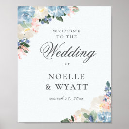 Elegante Light Blue Botanical Wedding Willkommen Poster