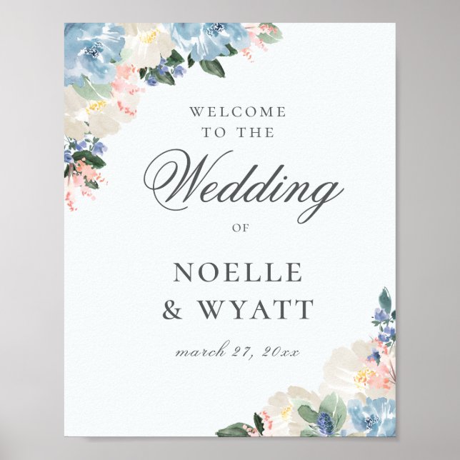 Elegante Light Blue Botanical Wedding Willkommen Poster (Vorne)