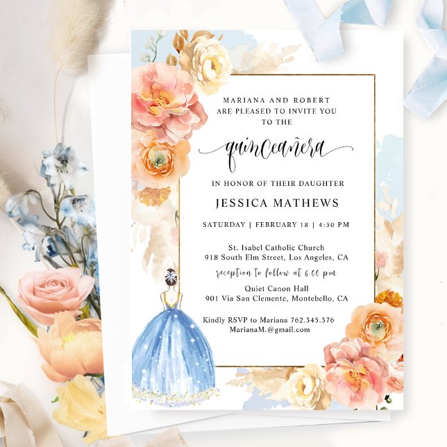 Elegante Light Blue Floral Prinzessin Quinceañera Einladung (Von Creator hochgeladen)