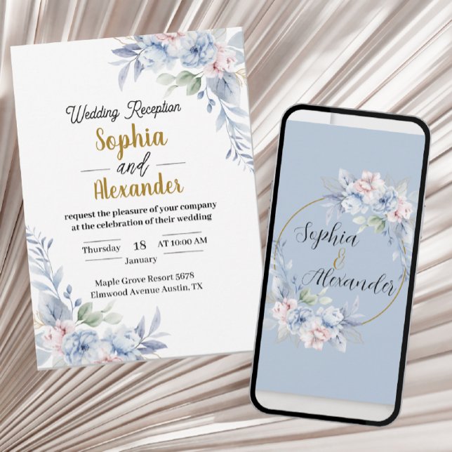 Elegante Light Blue Floral Wedding Desc Einladung (Von Creator hochgeladen)