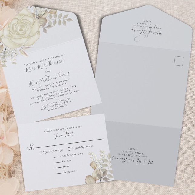 Elegante Light Blue Floral Wedding RSVP All In One Einladung (Light blue and white floral all in one wedding invitations.)