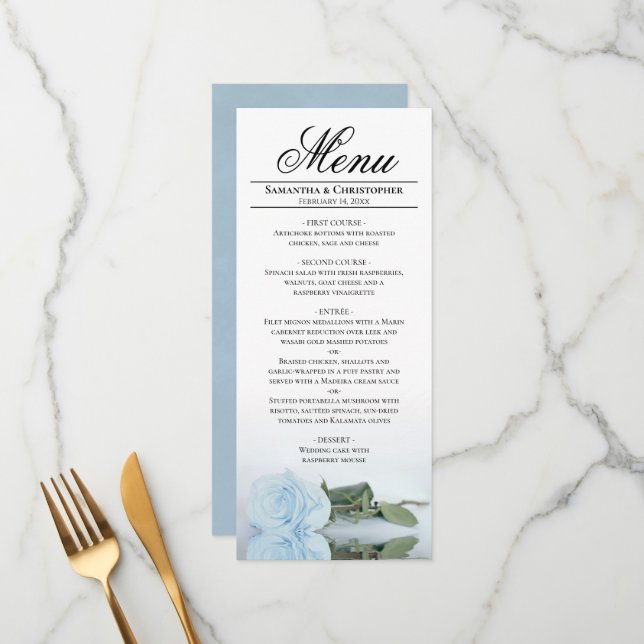 Elegante Light Dusty Blue Mirrored Rose Wedding Menükarte (Vorderseite/Rückseite Beispiel)
