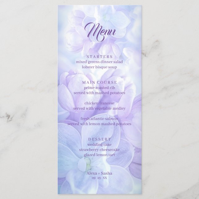 Elegante Light Lila Lilac Blume Hochzeit Menükarte (Vorderseite)