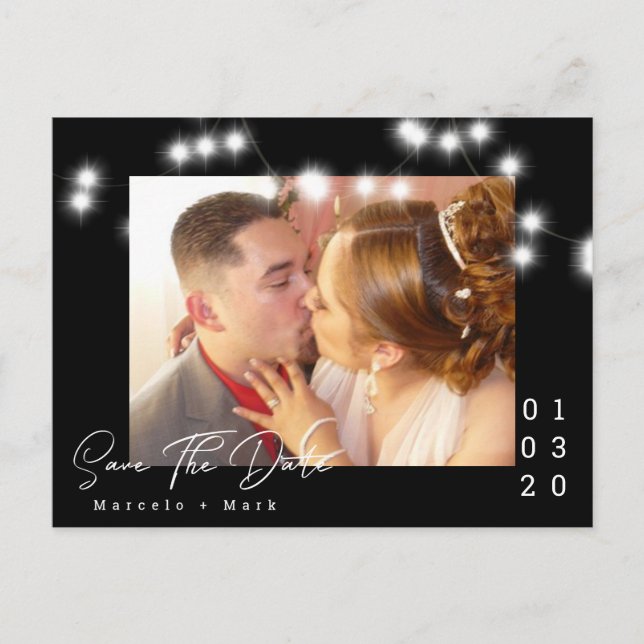 Elegante Light String Save the Date Script Postcar Postkarte (Vorderseite)