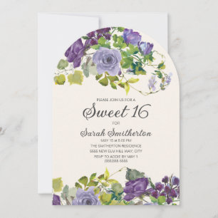 Elegante lila Aquarell-Blumenranken Sweet 16 Einladung