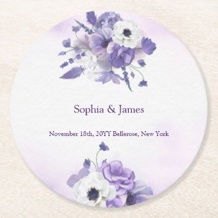 Elegante lila Aquarell-Hochzeit Runder Pappuntersetzer