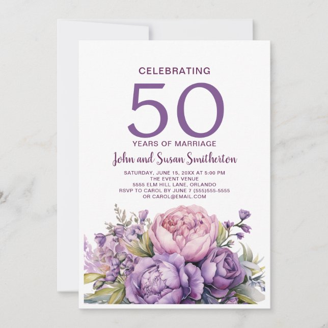 Elegante Lila Aquarellblume 50 Jahre alt Einladung (Vorderseite)