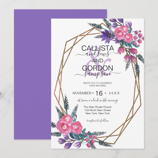 Elegante Lila Aquarellfarben-Blume Hochzeit Einladung (Vorne/Hinten)