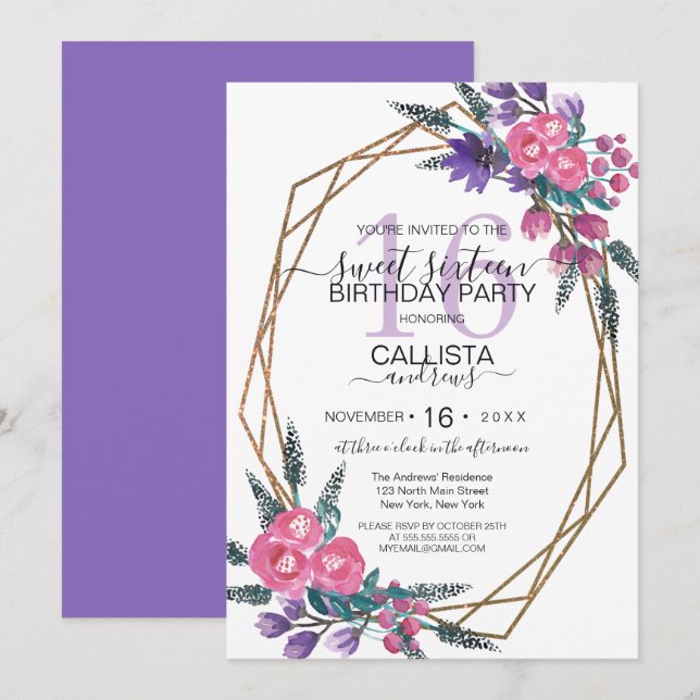 Elegante Lila Aquarellfarben Blume Süß 16 Einladung (Vorne/Hinten)