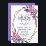 Elegante Lila Aquarellfarben Blume Süß 16 Einladung<br><div class="desc">Dieses moderne und elegante 16 . Geburtstag Geburtstagsfest lädt zu einem stilvollen Event ein. Es verfügt über handgemalte Beerenrosa, violett lila und schlängelgrüne Aquarellfarben Blume und Blätter auf einem Imitat gedruckt Gold Glitzer geometrische Terrarium Rahmen auf einem einfachen weißen Hintergrund. Es ist schick, hübsch, ländlich, künstlerisch, einzigartig und originell; das...</div>