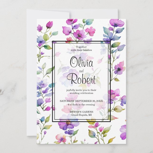 Elegante lila Aquarellfarben Wildblumen Hochzeit Einladung (Vorderseite)