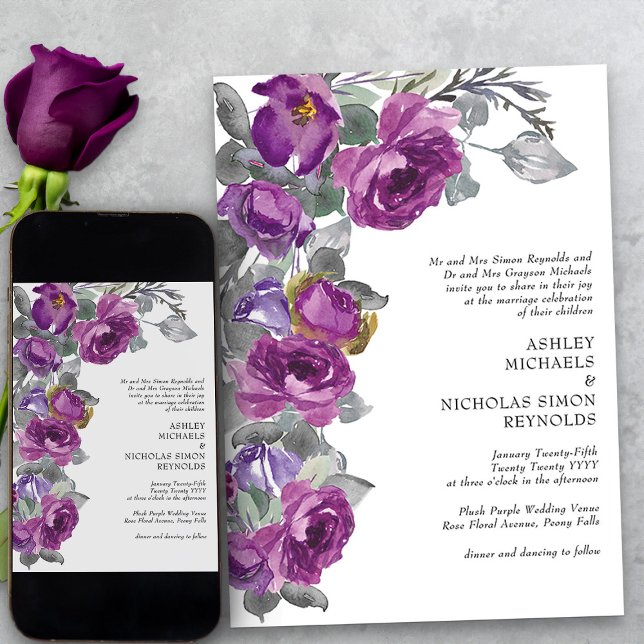 Elegante Lila Blume Einladung (Purple floral formal wedding invitation from my Plush Purple Wedding Collection)