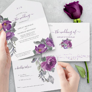 Elegante Lila Blume Hochzeit All In One Einladung