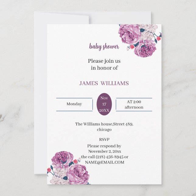 Elegante Lila Blume, individuelle Babydusche Einladung (Vorderseite)