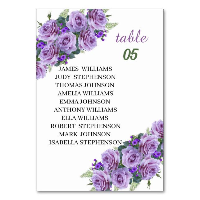 Elegante Lila Blume Personalisiert Hochzeit Tischnummer (Vorderseite)