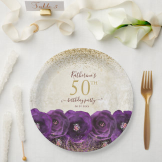 Elegante lila Blumen Goldene 50. Geburtstagsfeier Pappteller