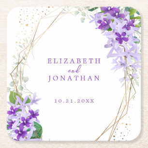 Elegante Lila Blumengoldrahmen-Hochzeit Rechteckiger Pappuntersetzer