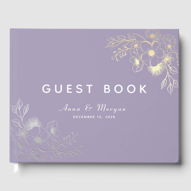 Elegante Lila Blumenhochzeit Gästebuch (Vorderseite)