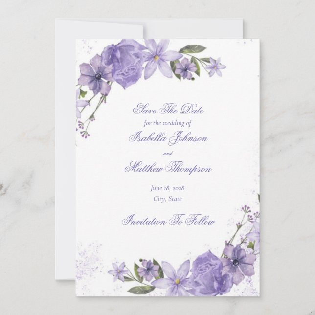 Elegante Lila Blumenhochzeit rettet das Datum Einladung (Vorderseite)