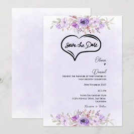 Elegante Lila Blumenhochzeit Sichern Sie das Datum Einladung