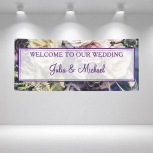 Elegante lila Blumenhochzeit Willkommensempfang Banner