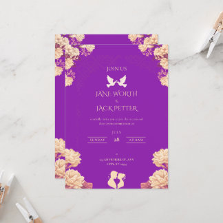 Elegante lila Blumenhochzeitseinladung mit Taube Einladung