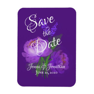 Elegante Lila Blumenschrift-Hochzeit Speichern Sie Magnet