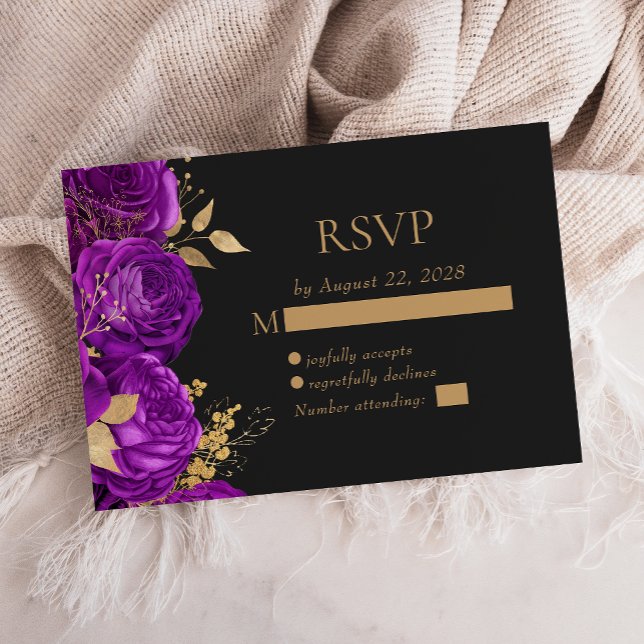 Elegante Lila Blütengoldblütenhochzeit RSVP Karte (Von Creator hochgeladen)