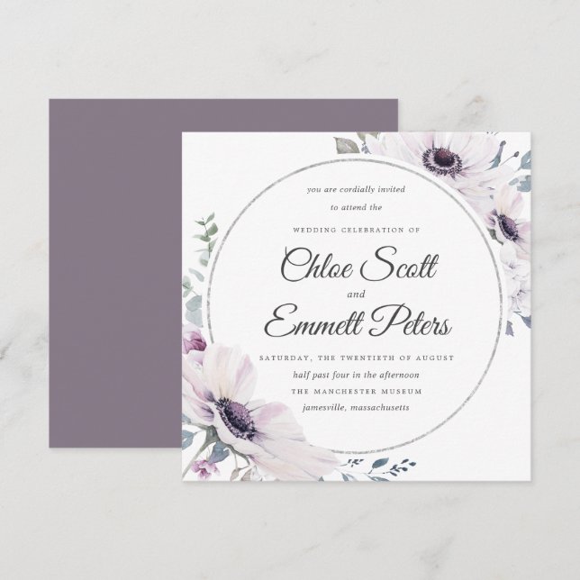 Elegante Lila Blütenhochzeit Einladung (Vorne/Hinten)