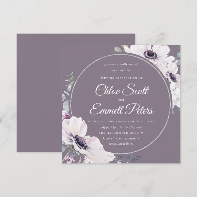 Elegante Lila Blütenhochzeit Einladung (Vorne/Hinten)