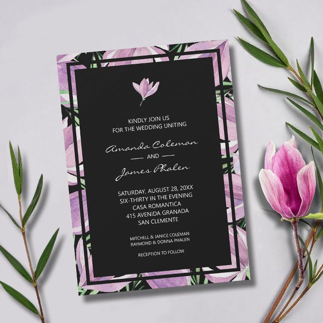 Elegante Lila Blütenpracht bei Schwarzer Hochzeit Einladung (Elegant purple and white magnolias square wedding invitations - INSTANT DOWNLOAD and/or PRINTED)