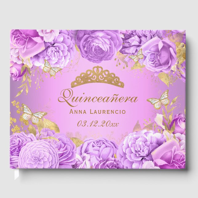 Elegante Lila Blütenschmetterling Themed Quinceane Gästebuch (Vorderseite)