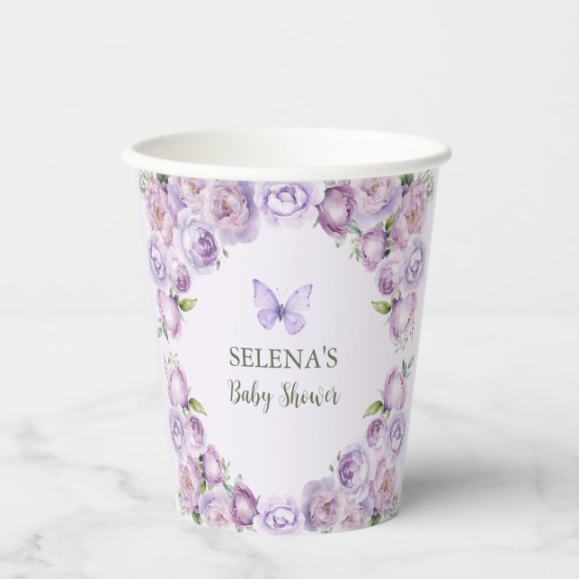 Elegante Lila Blütenschmetterlingsdusche Pappbecher (Vorderseite)